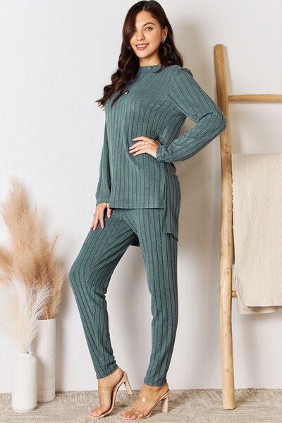 Basic Bae Full Size Ribbed Round Neck High-Low Slit Top and Pants Set - Premium Full Size Ribbed Round Neck High-Low Slit Top and Pants Set from Trendsi - Just $30! Shop now at Concordia Style Boutique